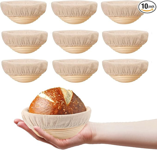 10 Pack Round Banneton Proofing Basket Set 5 Inch, Natural Rattan Sourdough Bread Baskets with Linen Liners, Mini Dough Baking Bowls for Artisan & Home Bakers (5" Round, Set of 10)