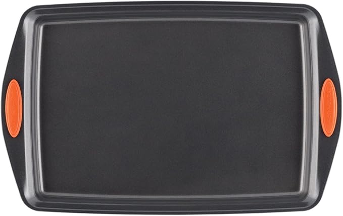 Rachael Ray Yum-o! Nonstick Bakeware 3-Piece Oven Lovin’ Cookie Pan Set, Gray with Orange Silicone Grips