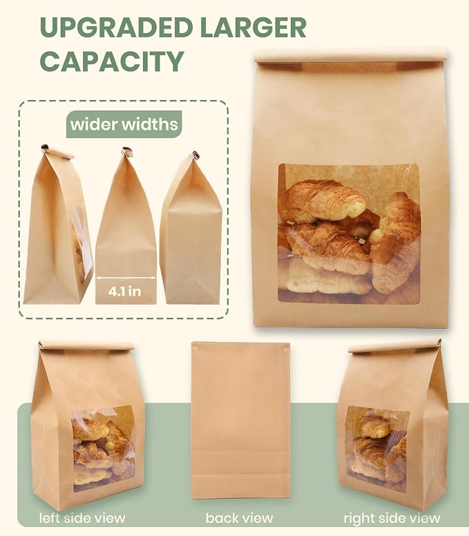 50 Pack Heavy Duty Sourdough Paper Bags Resealable with Window for Round Loaf Selling | Large Thick Kraft Brown Bags for Homemade Bread Gift Giving Sour Dough Packaging 13.6x8.3x4.1in