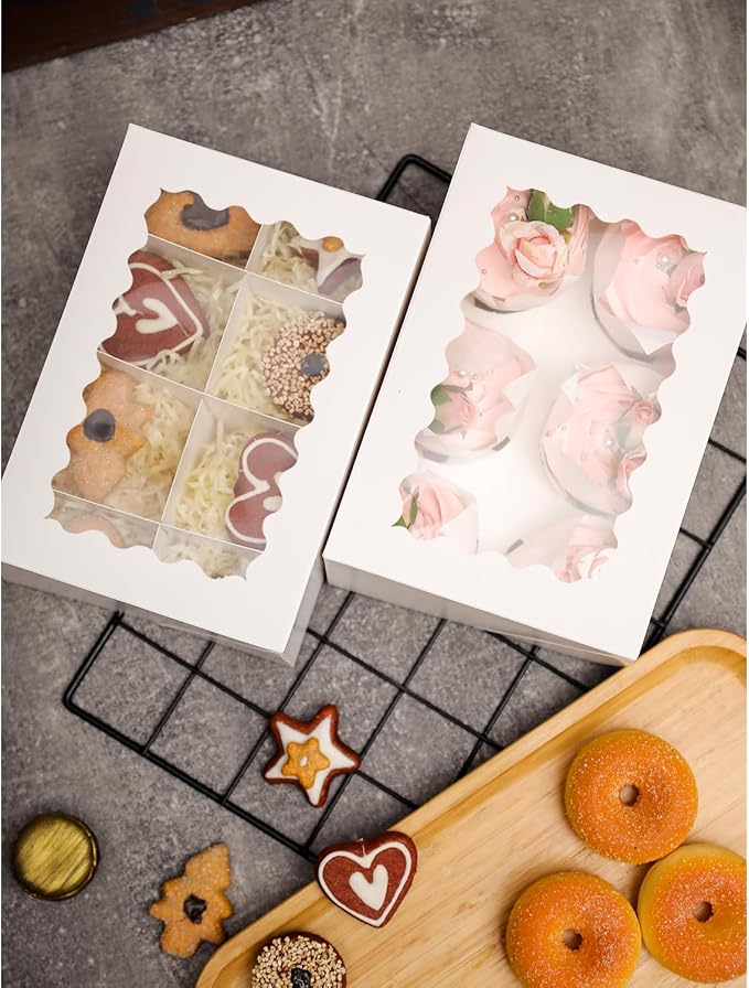 qiqee Auto-pop Up Cupcake Boxes with Window White 100PCS 6 Count Cupcake Box 9.4"x6.1"x3" Cupcakes Carrier, 6 Cupcake Containers