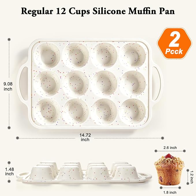 2 Pack Silicone Muffin Pans with Metal Reinforced Frame Regular 12 Cups Cupcake Pan with Handle Nonstick BPA Free Muffin Molds for Baking Muffins, Cupcakes, Egg Bites, Oven Dishwasher Safe