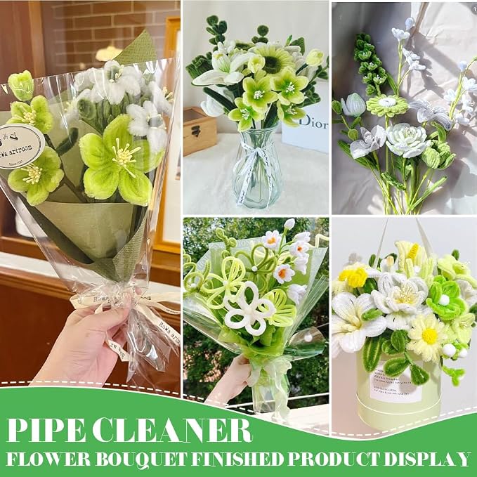 620Pcs Green Pipe Cleaner Flower Kit, 6 Colors Bulk Chenille Stems with Wires, Ribbon, Stamens and Card, All-in-One DIY Flower Craft Supplies for Creative Gifts Home Decoration, Party & School Crafts