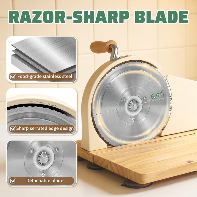 Manual Bread Slicer, Detachable Stainless Steel Blade & Folding Wood Base - Adjustable Slice Thickness 1-20mm, Suction Cup Base, Metal Guide & Rotating Handle for Sourdough, Bagels, Toast
