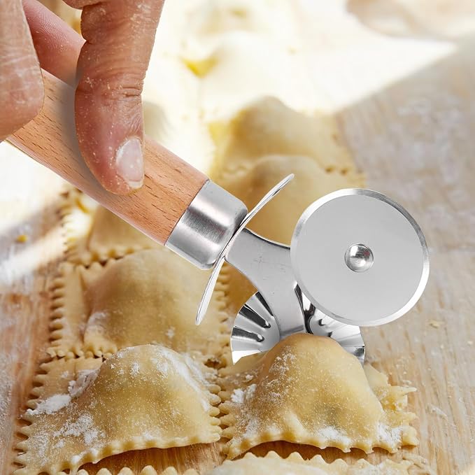 SHANGSKY Pastry Cutter Wheel, Ravioli Cutter Wheel with Long Wooden Handle, Pasta Cutter Dumpling Lace Making Noodle Ruffled Edge Cookies Pie Cutter Kitchen Dough Cutting Tool (Dual Wheel)