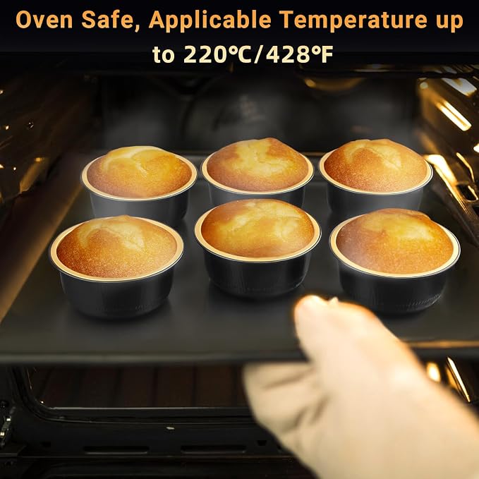 Beasea Aluminum Foil Ramekin Cups With Lids, 100 Pack 6.1oz 180ml Mini Disposable Foil Ramekins Aluminum Round Oven Baking Cupcake Cups for Party - Black Gold