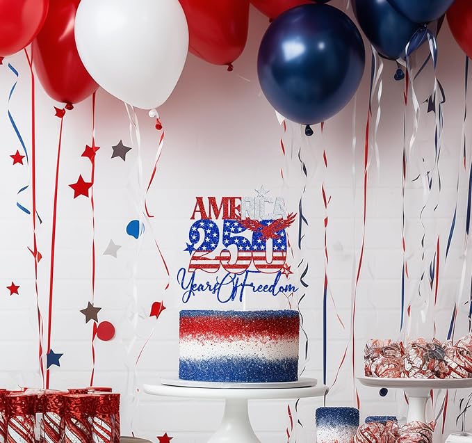 Blue Glitter America 250 Years of Freedom Cake Topper, Land of the Free Because of the Brave/Party in the USA, 4th of July Celebration Party Decorations Supplies