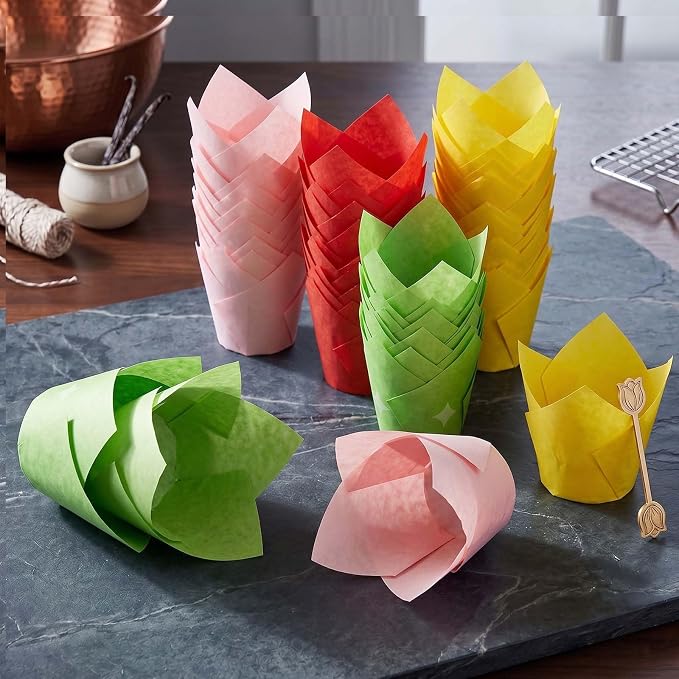 200 Pcs Tulip Cupcake Liners for Baking, Yellow Pink Red Green | Standard Greaseproof Tulip Muffin Liners for Baking, 3oz Paper Cupcake Wrappers for Party Wedding Birthday