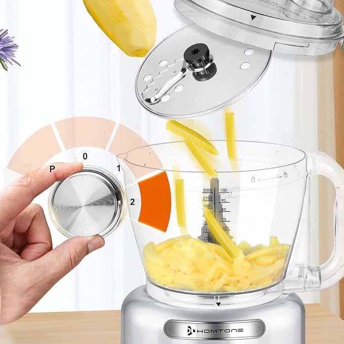 Homtone 16 Cup Food Processor Large, 9-in-1 Vegetable Chopper with 7 Blades for Shredding, Slicing, French Fry Cutting, Meat Grinding, Dough Kneading, 3 Speeds, Dishwasher Safe (Silver, 16 cup)