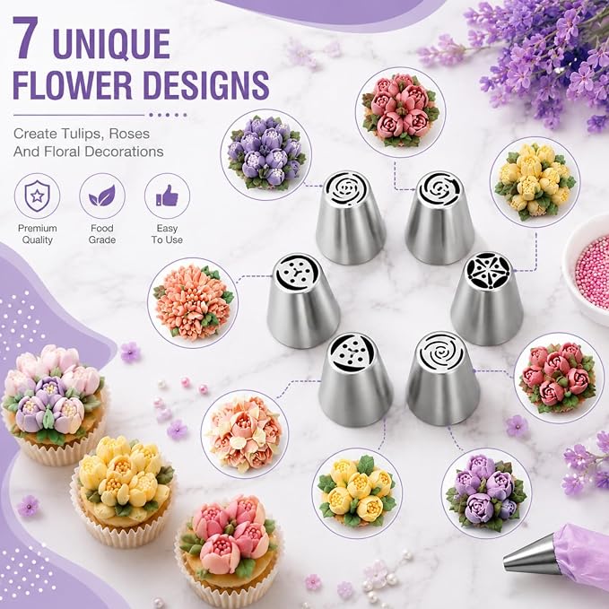 7 Pieces Russian Piping Tips,Cake Decorating Supplies Piping Tips | Stainless Steel, For Cookie And Cake Decorating,Birthday Cake, Cupcake, DIY Cream Baking Tools