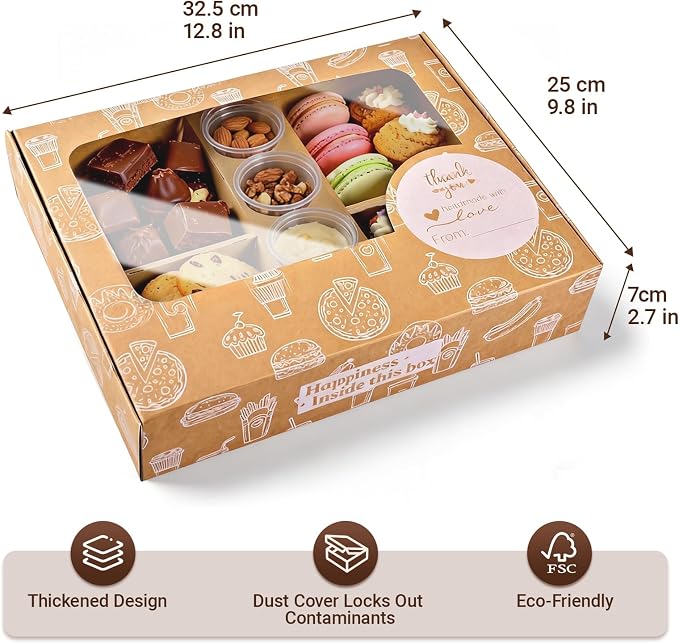 Brown Pastry Box with Cover Oil-Proof,12 Sets Food Containers w/Dividers of Strong Cardboard, Catering Box w/Lids As Appetizer To Go Container for Picnic Party 4-7 people [12"x10"x2.5"]