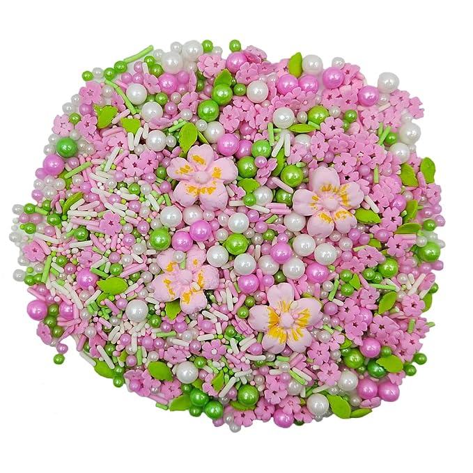 Eastron Pink Flowers Sprinkles Edible Flowers for Cake Decorating White Pink Sugar Pearls Spring Confetti Sprinkles for Cupcakes, Ice Cream, Cookies, Cakes, Donut Dessert Decoration