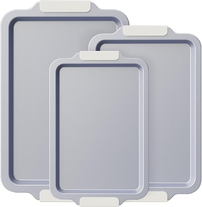BRONYPRO Non Stick Ceramic Baking Sheet Pan Set of 3, Non Toxic Cookie Sheets (PFAS/PFOA/PTFE Free), Aluminized Steel Oven Trays with Silicone Handles, Rust-Resistant, Warp-Resistant to 500°F, Cream
