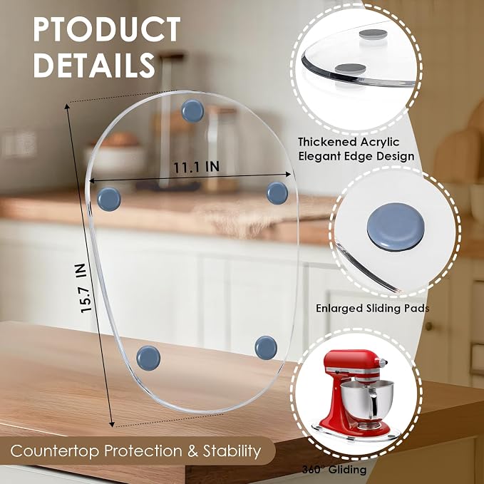 360°Rotating Mixer Slider Mat, Compatible with KitchenAid 5-8 Qt Bowl Lift Stand Mixer, Clear Acrylic Thickened Sliding Tray, Countertop Storage & Moving Accessories