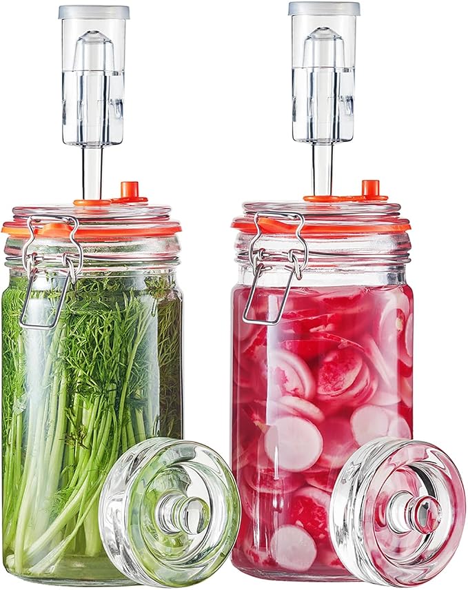 JILLMO 1 Liter Fermentation Jar, Glass Fermenting Kit with Weight for Making Sauerkraut, Hot Sauce, Mead, Cider and More, Pack of 2