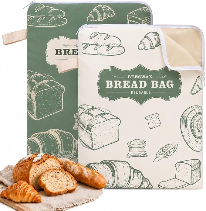Reusable Beeswax Bread Bags for Homemade, 2 Pack 13" x 17" Bread Storage Bags with Natural Beeswax Lined,Cotton Linen Bread Bags for Sourdough,Large Capacity L-Shaped Zipper Bread Keeper（color-B）