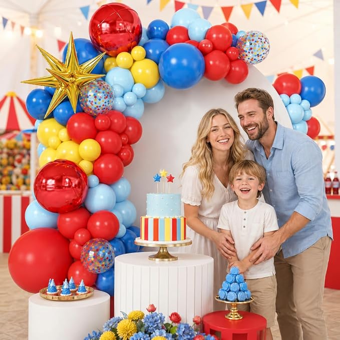 Red Blue Yellow Balloon Arch Garland Kit with Gold Star Foil Balloons Red 4D Round Ball Balloons for Birthday Party Carnival Circus Theme Decorations