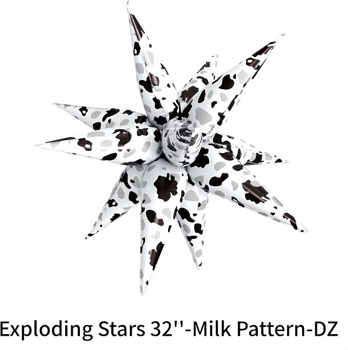 2Pcs Cow Print Star Balloons Party Decorations/32 Inch Black White Explosion Star Foil Balloons for Western, Farm, Barn, Cowgirl, Baby Shower, Birthday Party Supplies (2Pcs White cow pattern)