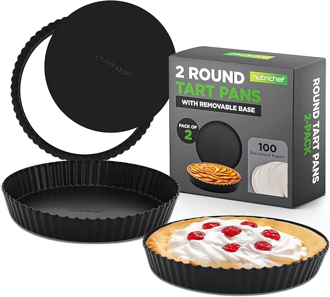 NutriChef 2 Round Tart Pans | 9 Inch Carbon Steel Cheesecake Baking Trays with Removable Base | Nonstick & Even Heat Distribution | Includes 100 Parchment Papers | Height of 1 Inch | Black