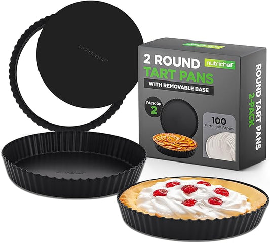 NutriChef 2 Round Tart Pans | 9 Inch Carbon Steel Cheesecake Baking Trays with Removable Base | Nonstick & Even Heat Distribution | Includes 100 Parchment Papers | Height of 1 Inch | Black