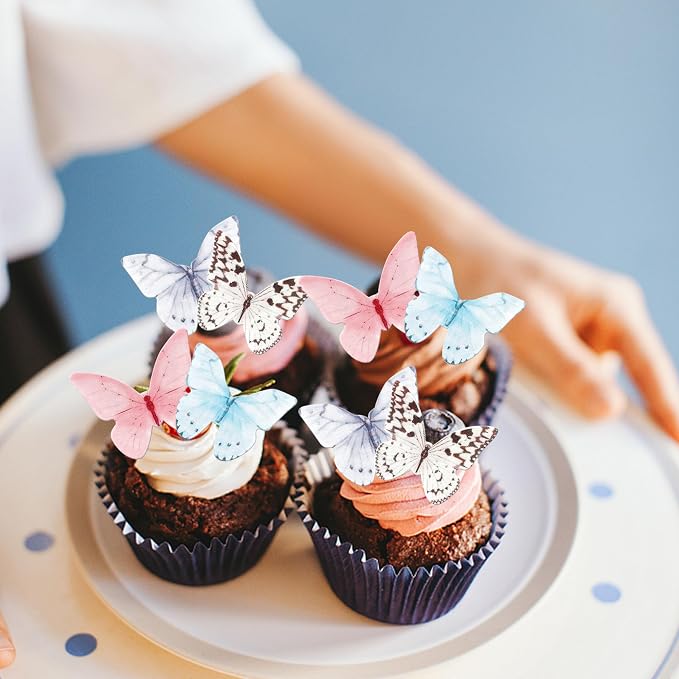 48 PCS Colorful Wafer Paper Butterflies Cake Decorations - Edible Butterfly Cupcake Picks for Baby Shower, Wedding, Birthday Party