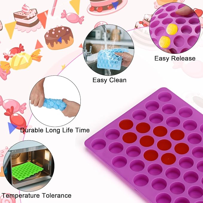 Palksky Round Candy Mold, 4PCS 220 Cavities Mini Cylinder Silicone Molds for Hard Candy, Gummy, Chocolate, Mint, Fruit Snacks, Non-stick for DIY Homemade Treats with 2 Droppers