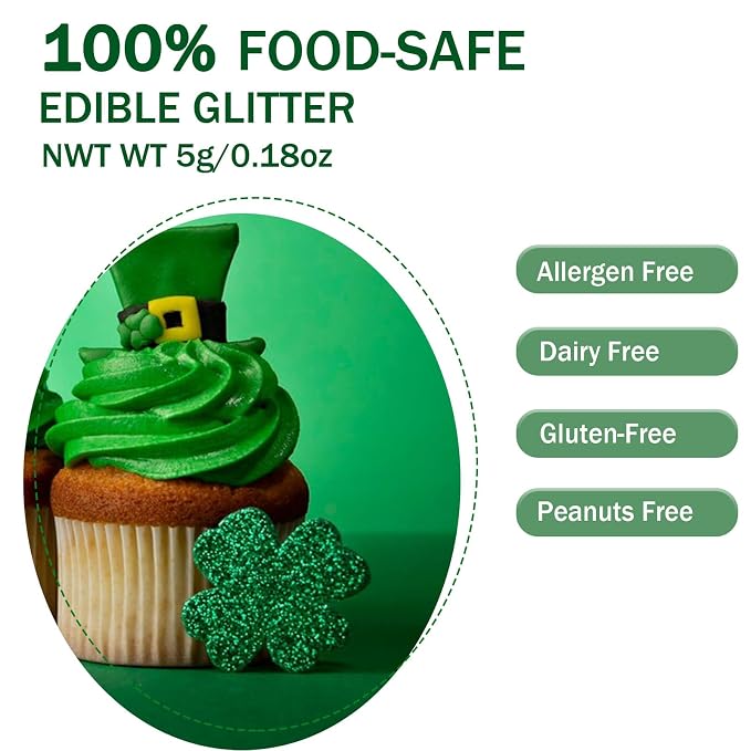 Green Edible Glitter Glimmer Powder for Cakes Drinks - Colaele 5 grams Food Grade Luster Dust Metallic Food Decorating Sprinkle Disco Brew Dust for St. Patrick Decorations Wine Beverage Dessert, Vegan
