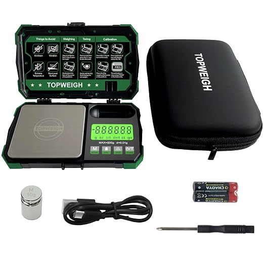 Pocket Scale, Dual Powered, Precision Gram Jewelry Scale with Zipper Case, Digital Small Coin Scale, Large Backlight Display, 500g x 0.01g, 6 Weighing Units,Cal Weight, USB Cable Included