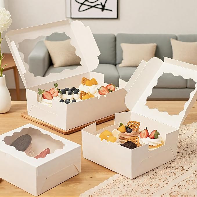 50pcs Cookie Boxes with Window, 6x6x3 Inches White Bakery Boxes, 60 Pcs Stickers,for Small Cookies, Treats, Candy, Desserts, Chocolate Covered Strawberries,Mini Cake Boxes