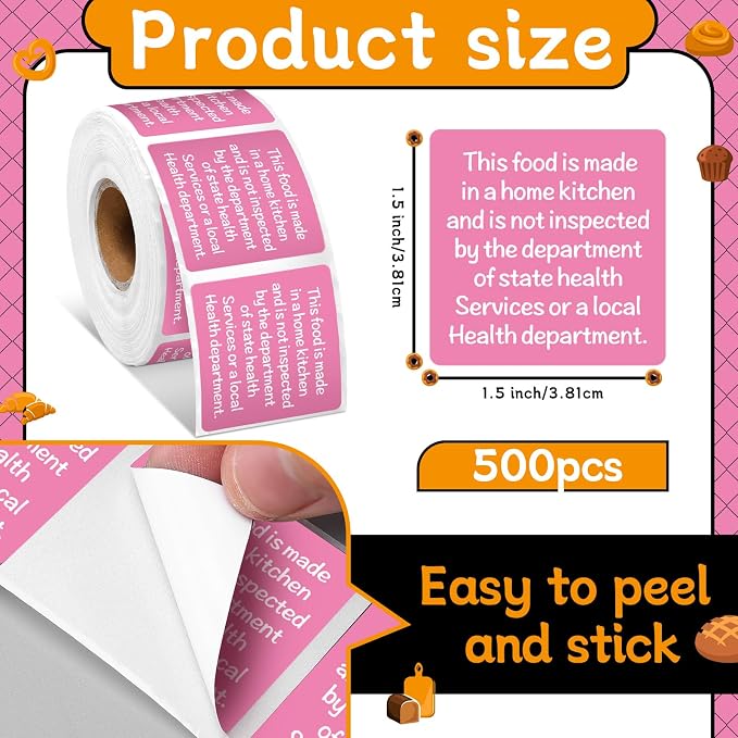 500 Count Cottage Food Law Labels Stickers 1.5” Pink Square Food Stickers Made in a Home Kitchen Decal Thermal Printed Labels for Home Kitchen Bakery Bread Sourdough