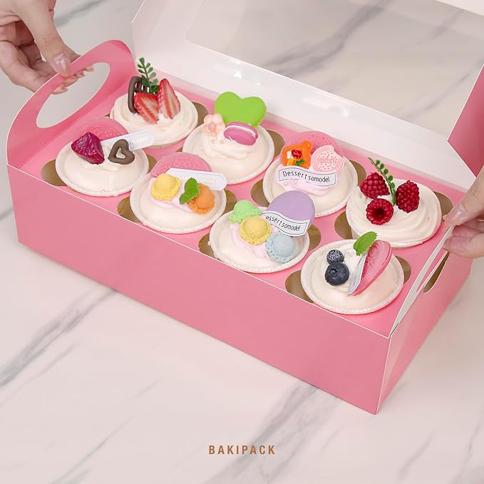 15 Pink Cupcake Boxes 8 Count with Window and Inserts, Cupcake Containers, Mother's Day Cupcake Boxes for Cupcakes, Muffins, Cookies