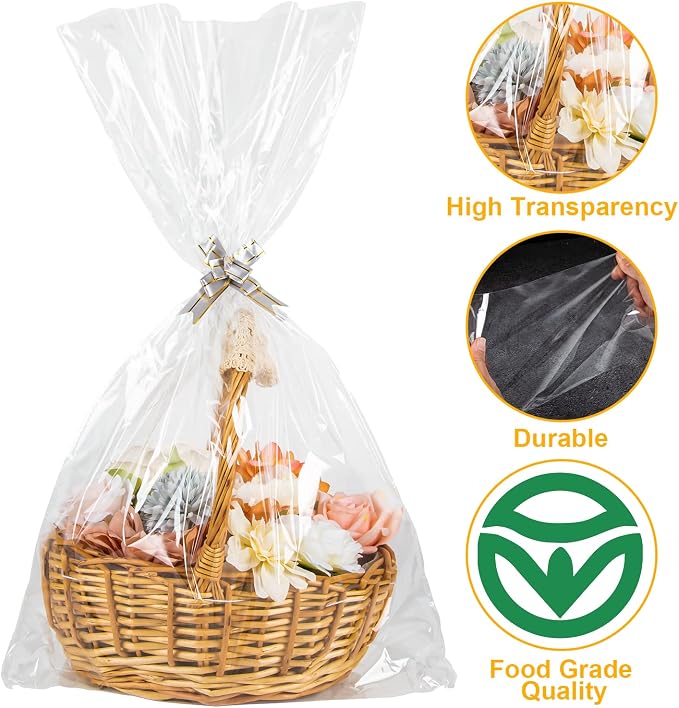 40pcs Cellophane Bags 16x24 Clear Cellophane Wrap for Gift Baskets Large Clear Party Favors Treat Plastic Gift Packaging for Cookie Candy Goodie