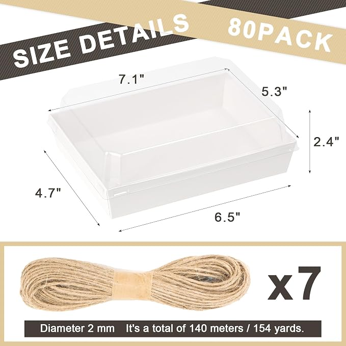 7x5 Inches Charcuterie Boxes with Clear Lids, 80 Pack Disposable Take Out Food Containers, Large Paper Bakery Cake Boxes for Strawberries, Cookies Cupcakes (White)