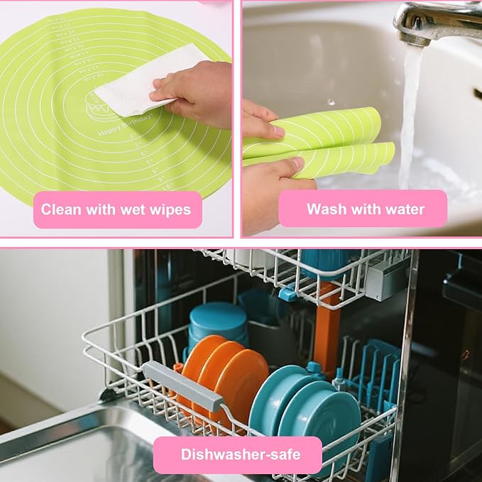 3 Pcs Round Silicone Cake Mat, Reusable Non Slip Heat Resistant Silicone Baking Mat Printed with Clear Scale for Cake Turntable Pizza Dough Pastry Rolling (Pink, Blue, Green)