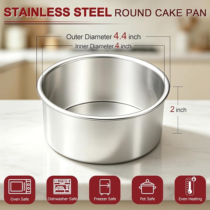 LIANYU 4 Inch Round Cake Pan Set of 2, Stainless Steel Mini Layer Cake Baking Pans, Metal Bakeware Tins for Wedding Party Birthday Christmas, Dishwasher & Oven Safe
