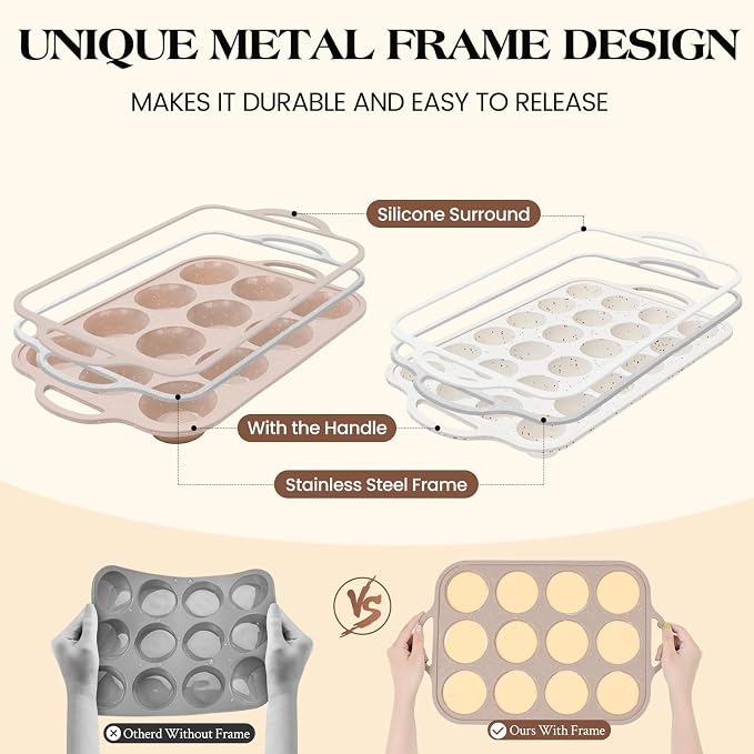 Vinino 2Packs Silicone Muffin Pans for Baking with Metal Reinforced Frame, 12 Cups Regular and 24 Cups Mini Nonstick Cupcake Pan, BPA Free Oven Dishwasher Safe Baking Mold for Muffins Cupcakes