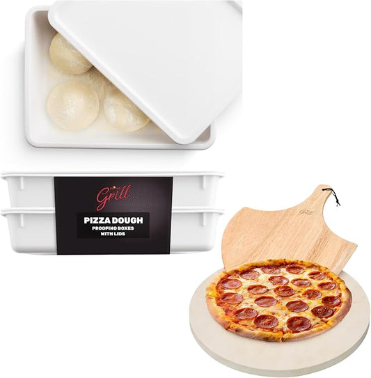 Hans Grill Pizza Dough Proofing Box - Pack of 2 Stackable & Circular Pizza Stone For Oven Baking & BBQ Grilling With Free Wooden Peel