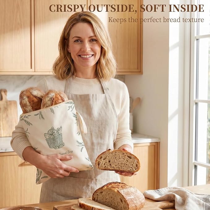 Beeswax Sourdough Bread Bags with Wide Zipper Access, 2 Pack XL 13" x 17" Reusable Linen Cotton Bread Bags for Homemade Bread, Keeps Bread Crusty Outside & Fresh Inside