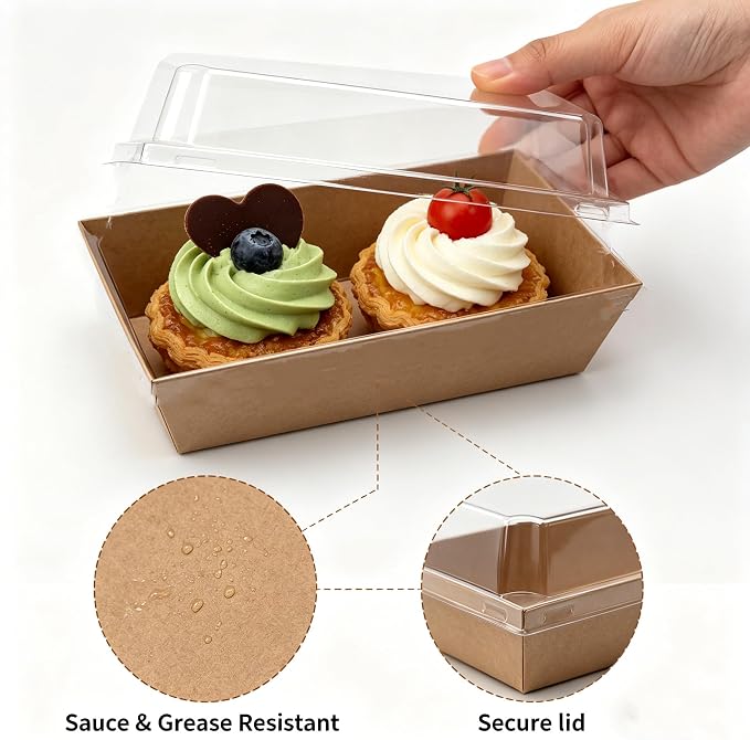 100 Pack Charcuterie Boxes with Clear Lids, Small To Go Food Containers, Disposable Kraft Bakery Treat Boxes for 2 Cupcakes, Cake Slice Sushi Strawberry with Stickers
