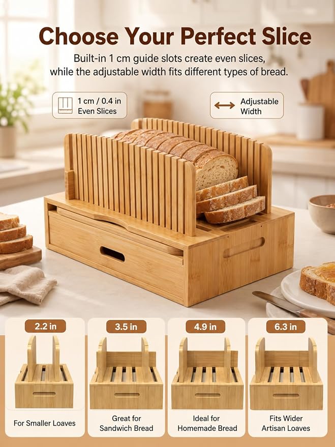 Natural Bamboo Bread Slicer, Bread Slicer Guide for Homemade Bread, Foldable Space-Saving Loaf Guide with Crumb Tray, Adjustable Thickness for Even Slices, Sturdy Cutter for Sourdough and Toast