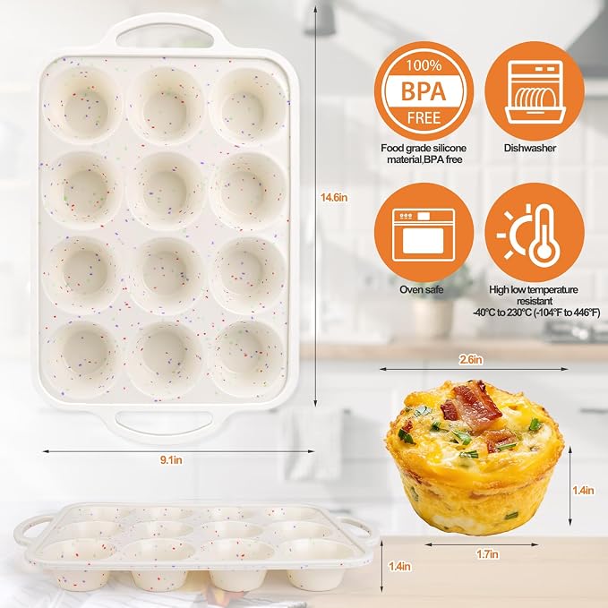 Juome Egg Bites Silicone Mold with Metal Frame, 12 Cups Silicone Muffin Pans for Baking, Nonstick Cupcake Pan Silicone Molds for Making Tarts, Meatloaf and Mini Cheesecakes