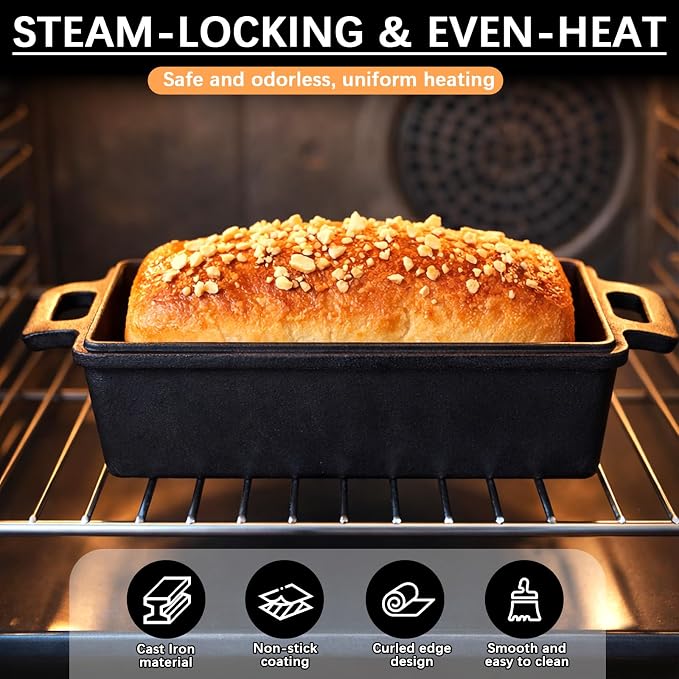 9×5 Inch Cast Iron Loaf Pans with Lids Even Heat Distribution for Baking Bread, 2 Pack Non-Stick Bread Pans for Homemade Sandwich and Sourdough Bread
