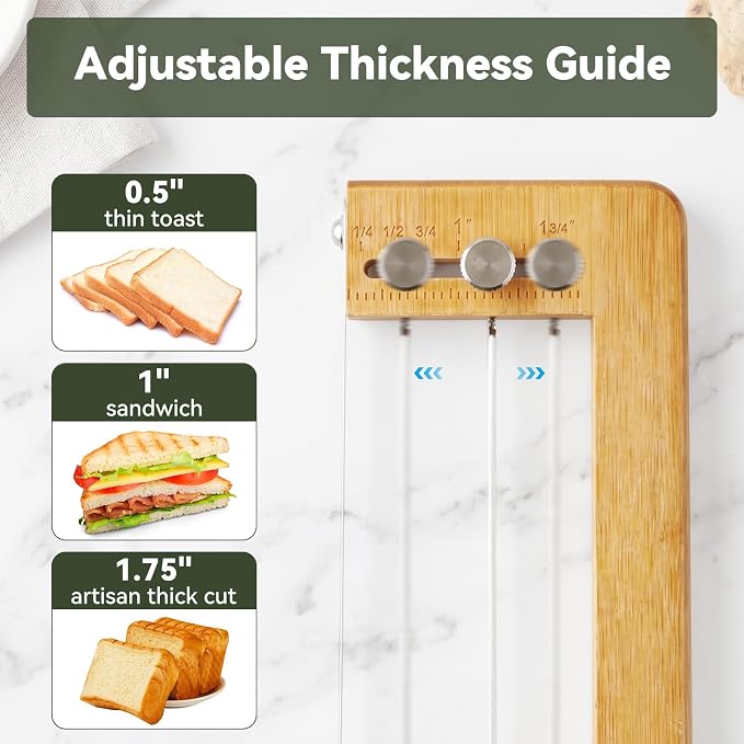 Adjustable Bread Knife with 3 Cheese Knives & Butter Knives, Adjustable Bread Slicer for Homemade & Sourdough Bread, Sandwich Bread Slicer with Thickness Guide, Serrated Bread Bow Knife