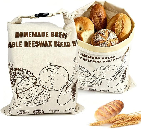 KINGYEENUO 2 Pack Beeswax Bread Bags for Sourdough, Reusable Large Cotton Linen Storage Bags with Zipper, Plastic-Free Food Preservation Wraps for Artisan Loaves, Baguettes & Freshness | Cotton Linen Storage Bags with Zipper, Plastic-Free Food Preserva...