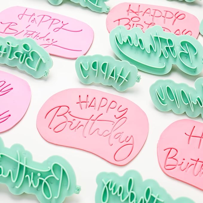 KALAIEN 10 Pcs Happy Birthday Fondant Stamp Letters,3D Design Custom Mould Cookie Cutter Sets for Cake Cookie Decorating Supplies//Sugar Paste/Cupcake/Chocolate