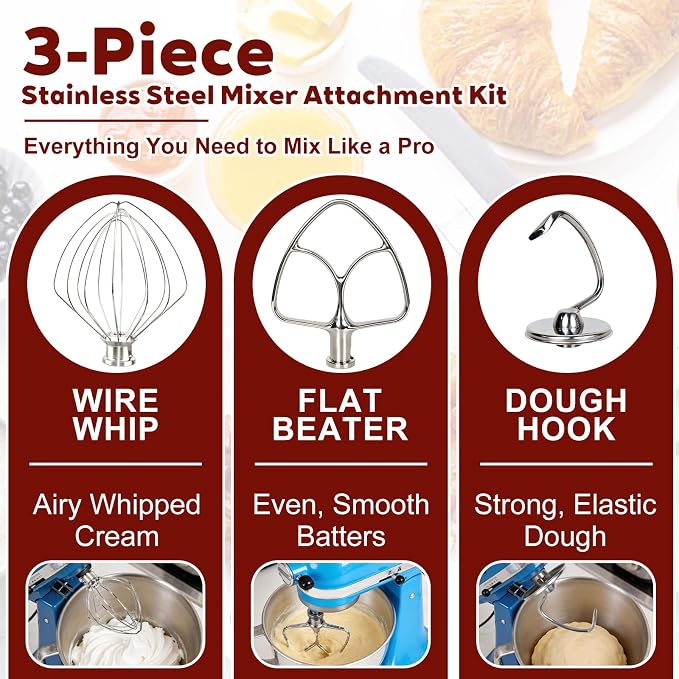 3-Piece Stainless Steel Mixer Attachment Kit for KitchenAid 4.5 and 5 QT Tilt-Head Stand Mixers, Includes K45WW Wire Whip, Dough Hook & K45B Flat Beater, Dishwasher Safe | Dishwasher Safe