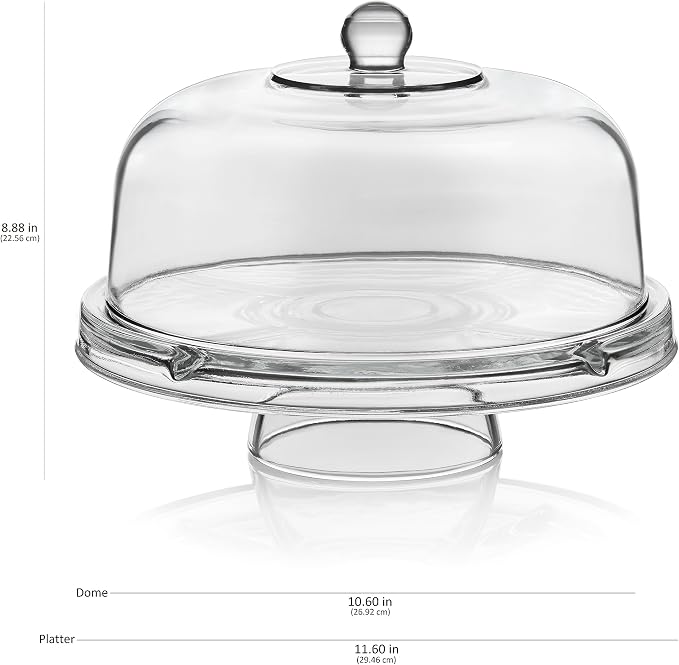 Libbey Selene 6-in-1 Domed Cake Stand, Unique Space Saving Glass Cake Stand with Dome, Multi-Purpose Dip Bowl To Serve Snacks and More