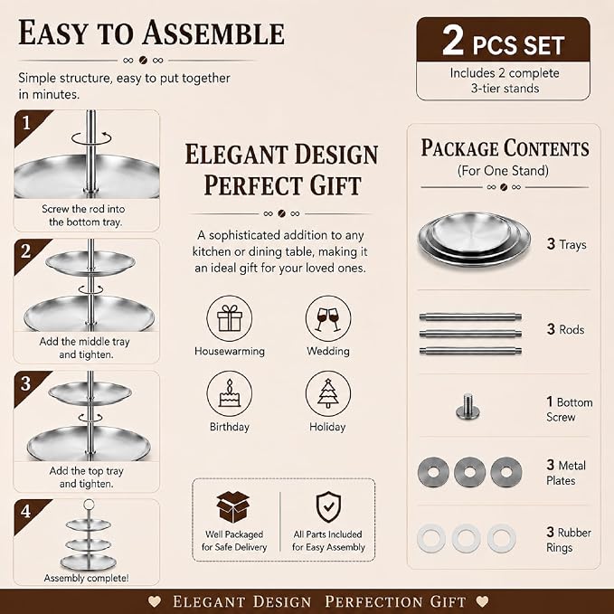 ABuff 3 Tiered Silver Cupcake Stand 2 Pack Stainless Steel Silver Tiered Dessert Stand Cupcake Display Tower 3 Tier Serving Tray Cake Stand for Baby Shower Birthday Party Wedding
