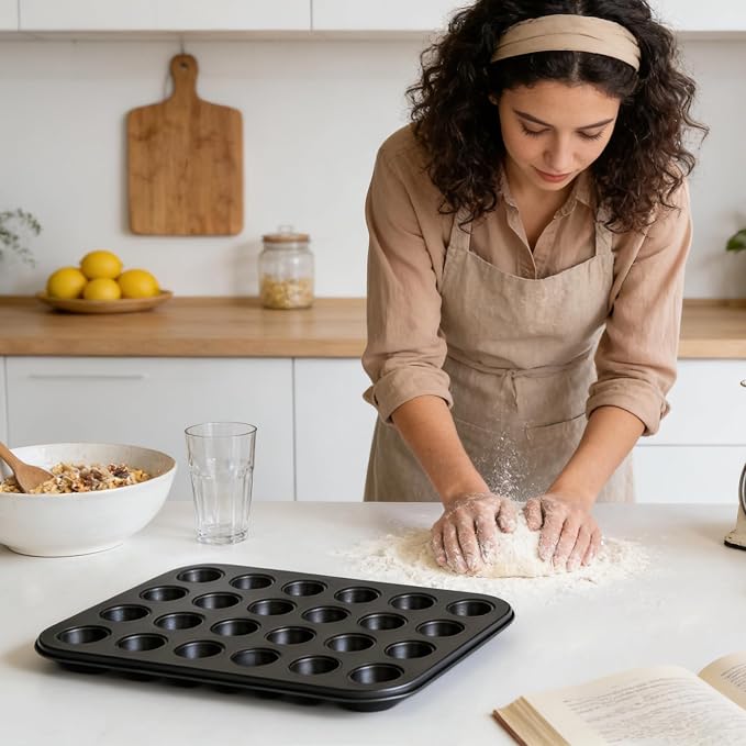 2 Pack 24-Cup Mini Muffin Pan, Heavy-Duty Carbon Steel Nonstick Baking Pan, 1.26” Extra Small Size Cups, Compact 10.43” x 7.28” Design, Oven & Dishwasher Safe (Black)