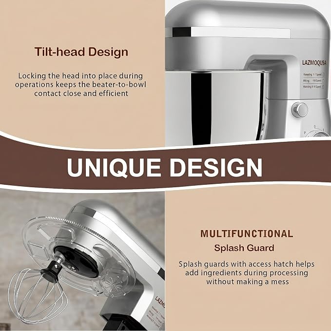 6in1 Stand Mixer with 6.5 Quart Bowl, 660W 10+p Speeds Kitchen Food Mixer Tilt-Head Bread Dough and Cake Mixers for Home Daily (Sliver)
