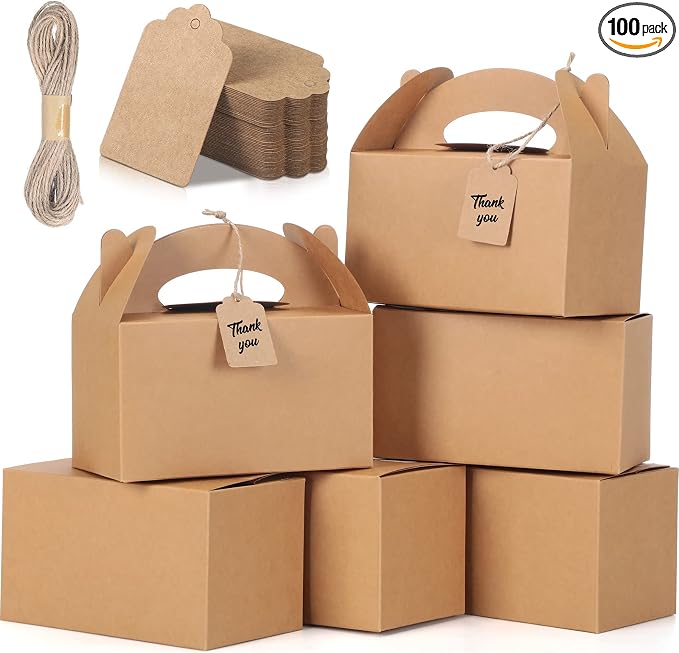 Mimorou 100 Pack Brown Gable Boxes Bulk with Tags and Twine,Thank You Gift Party Favor Boxe for Candy Cookies, Treat Boxe for Father’s Day 4th of July Birthday Wedding Bridal Shower 6.2 x 3.5 x 3.5